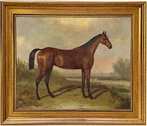 William Barraud Hunter in Landscape Oil Painting Print on Canvas in Antiqued Gold Frame, Equestrian Horse Ready To
