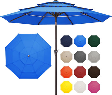 9FT 3 Tier Patio Umbrella Outdoor Market Umbrella Table Umbrellas with 8 Ribs 1.5 Pole Push Button Tilt and Crank UV - R