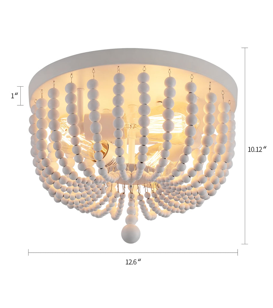 White Boho Beaded Chandeliers Flush Mount Ceiling Light, 3-Lights Small Chandelier Light Fixture, Stairway Gazebo