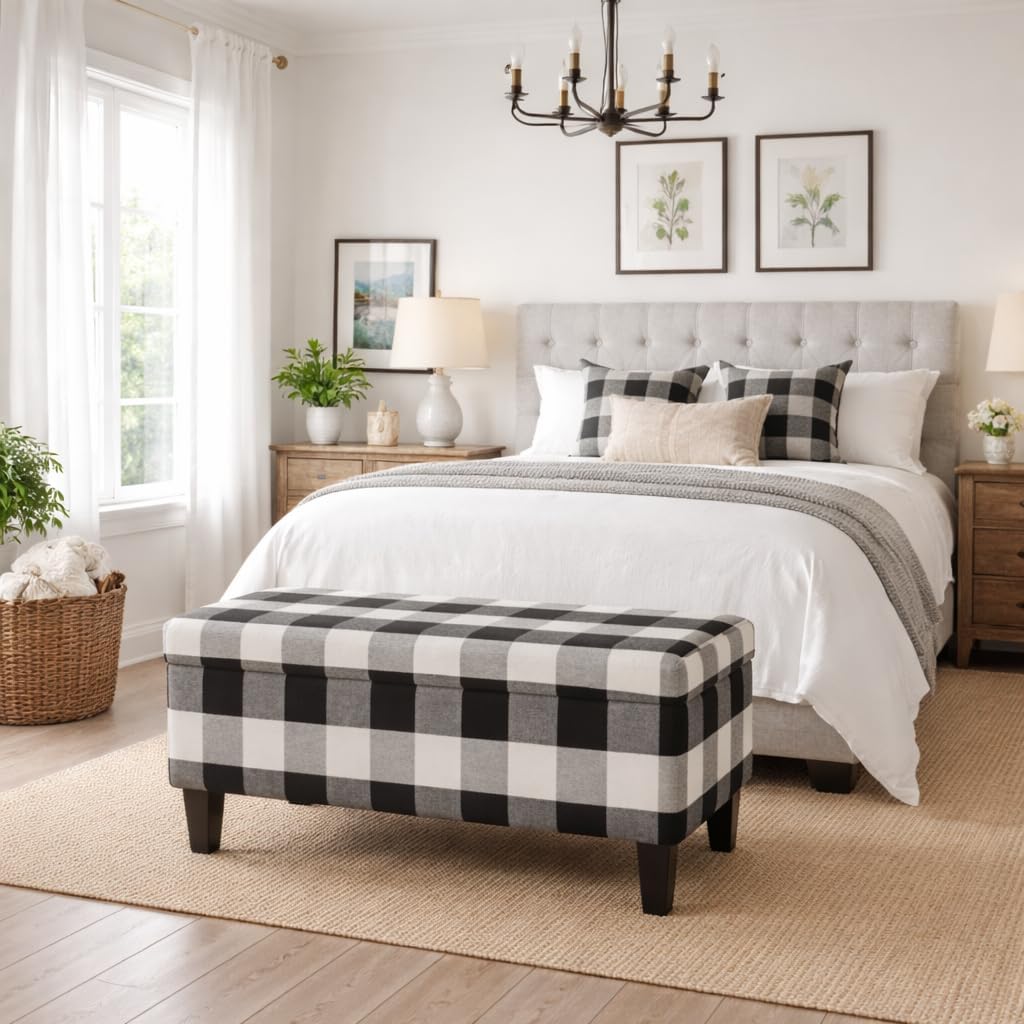 36" Storage Ottoman Bench with Hinged Lid - Black Buffalo Plaid