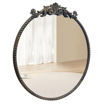 Round Mirror, 24''Baroque Style Circle Mirror Vintage Black Metal Frame Wall Mirrors for Vanity, Bathroom or Bedroom