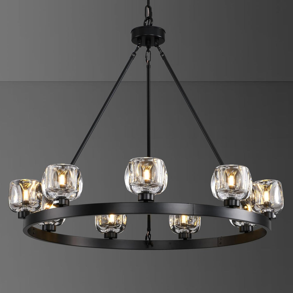 Black Wagon Wheel Chandelier, 36 Inch Black Chandeliers with Unique Glass Shade, 9-Light Crystal Farmhouse Wagon Wheel Chandeliers for Dining Room, Round Chandelier for Living Room, Foyer, Entryway A126-B0DT4BM8VG