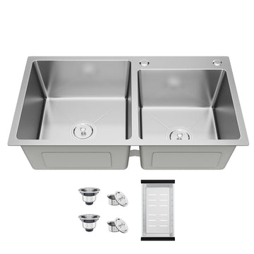 Modern Kitchen Sink Nano-Coated 30.7x16.9 Inch Stainless Steel Kitchen Sink, Drop in & Topmount Double Bowl Sinks