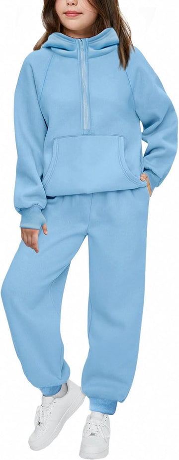 Girls 2 Piece Outfits Sweatsuit Half Zip Sweatshirt and Sweatpants