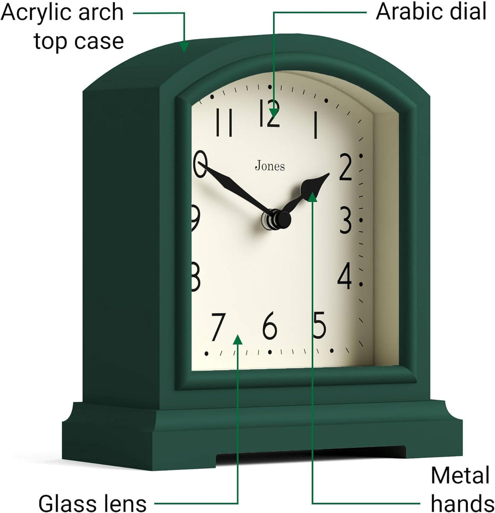 Tavern Mantel Clock - Modern Arch top Design - Dark Green - Contemporary Classic Style for Desk, Table, Shelf or Bedside