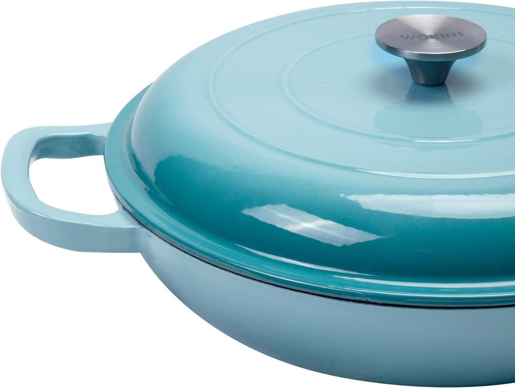 3.5QT Enameled Cast Iron Braiser Pan W/Lid,Shallow Dutch Oven,Blue | Enameled Braiser Pan Shallow Dutch Oven