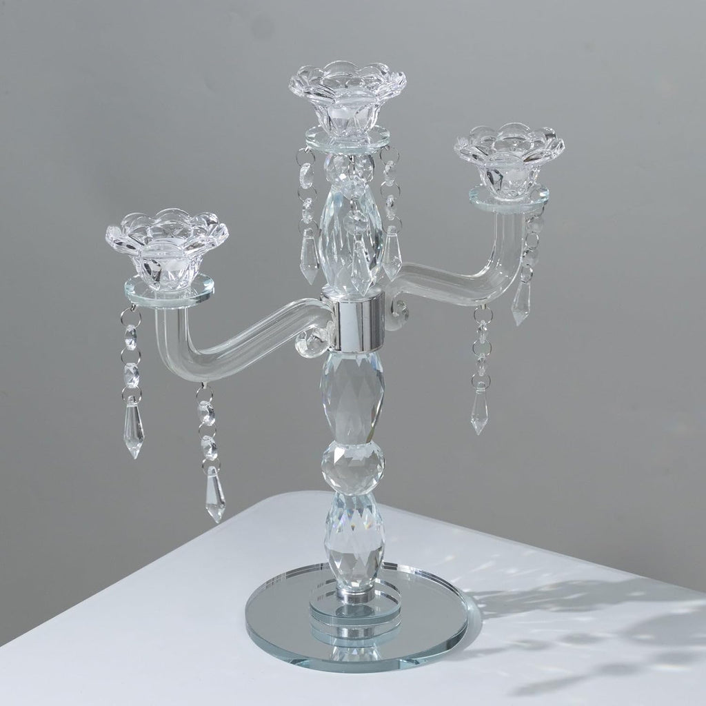 Crystal 3-Arm Candelabra Taper Candle Holder with Hanging Prisms & Round Mirror Base - Faceted Cut Glass Design - 14"
