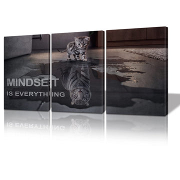 Motivational Canvas Wall Art Mindset is Everything Small Cat Big Tiger Posters Prints 3 Pieces Inspirational Quote