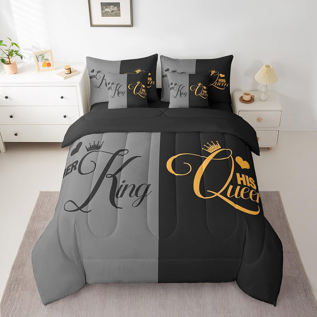 King and Queen Comforter Set 7 Piece Bed in a Bag Twin,Her King and His Queen Crown Comforter and Sheet Set,Romantic - Set of 7