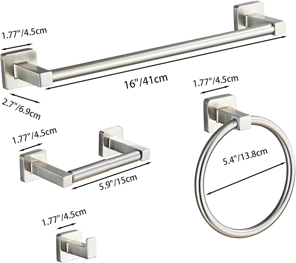 Brushed Nickel Bathroom Hardware Set 4 Pieces,Towel Bar Set Stainless Steel Wall Mounted, Includes 16In Hand Towel