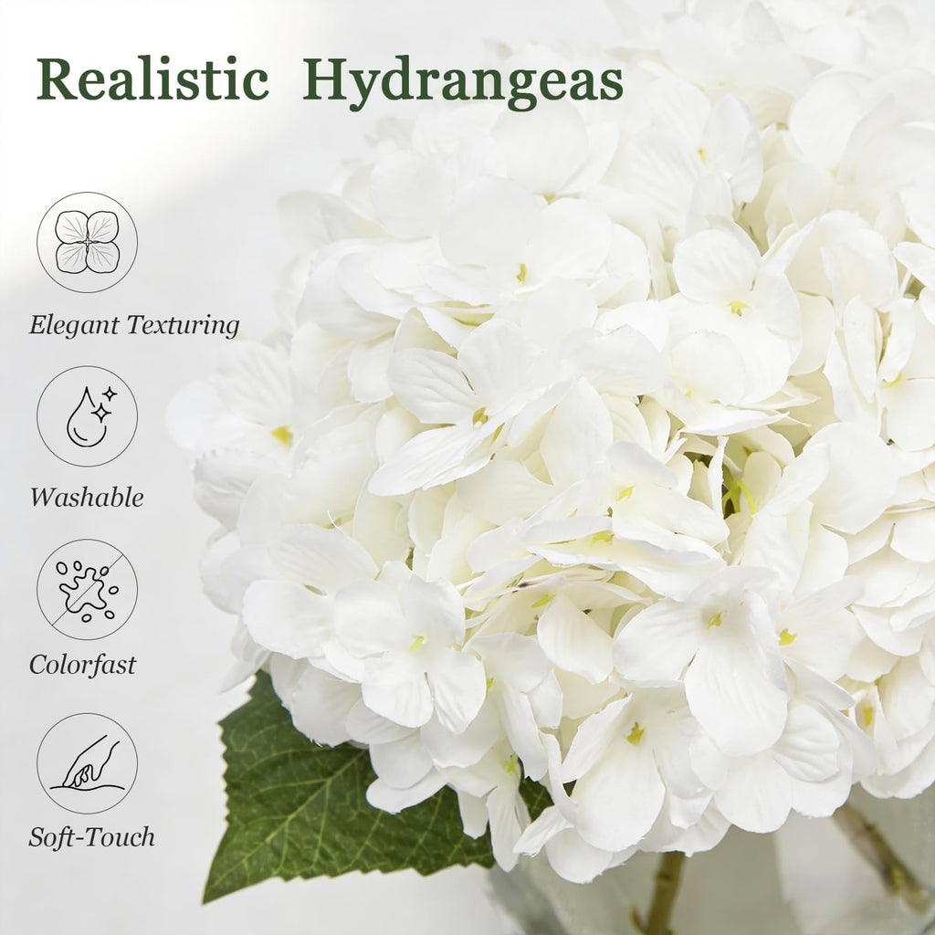 Artificial Hydrangea Flowers with Glass Vase, White Silk Fake Floral Arrangement for Dining, Coffee Table