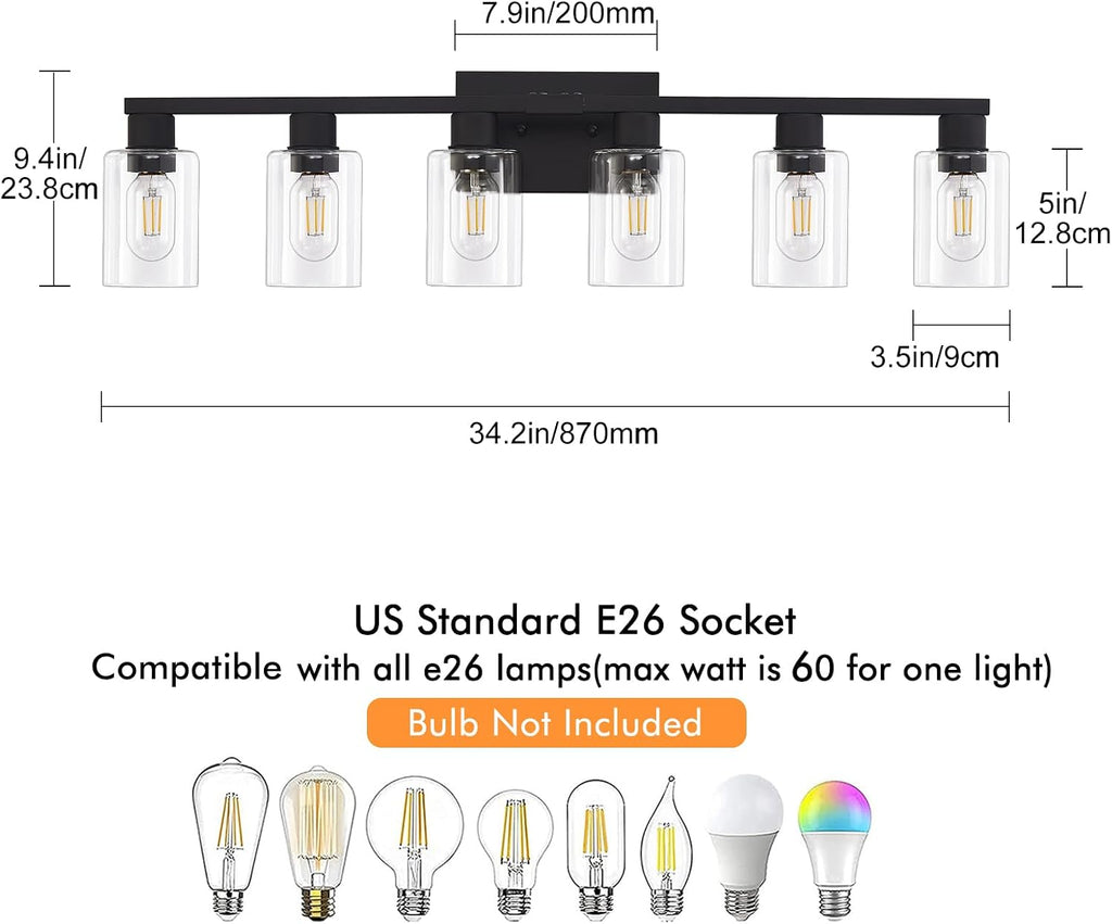 Black Bathroom Light Fixtures, 6-Light Bathroom Lighting Fixtures Over Mirror with Clear Glass Shade, Matte Black