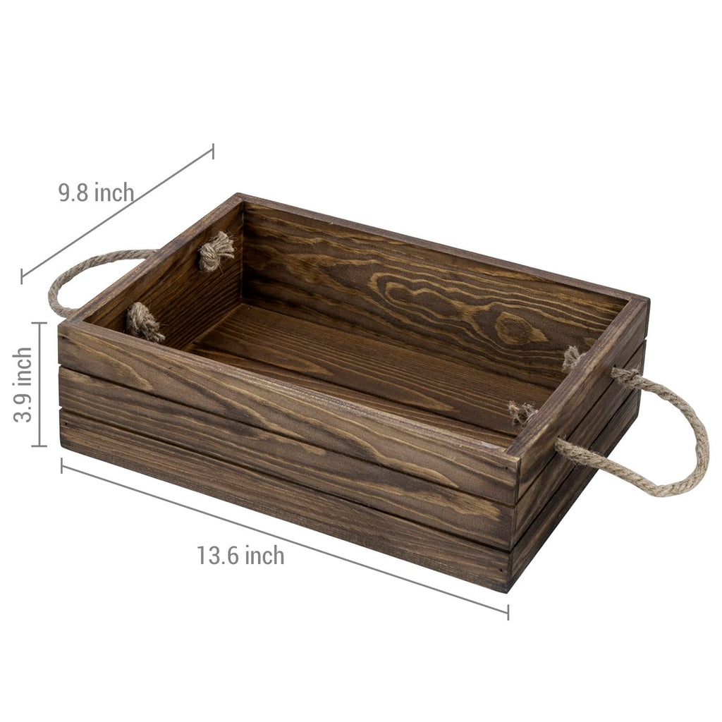 Rustic Brown Wood Storage Bin with Rope Handles Open Crate Box