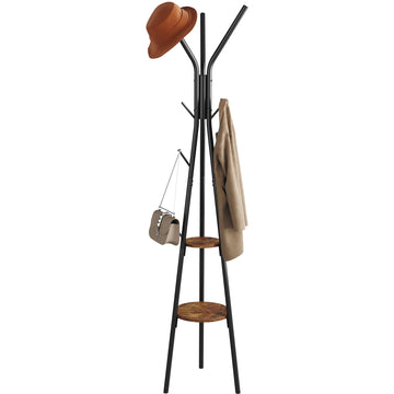 Coat Rack, Coat Hanger Stand with 2 Shelves, Freestanding Hall Tree, Metal Hat Hanger with 12 Hooks for Clothes Hats