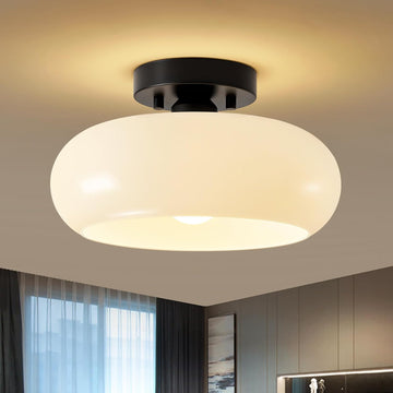 Mid-Century Modern Black Semi Flush Ceiling Light 11.0 Inch | Small White Glass Shade Close to Ceiling Lighting