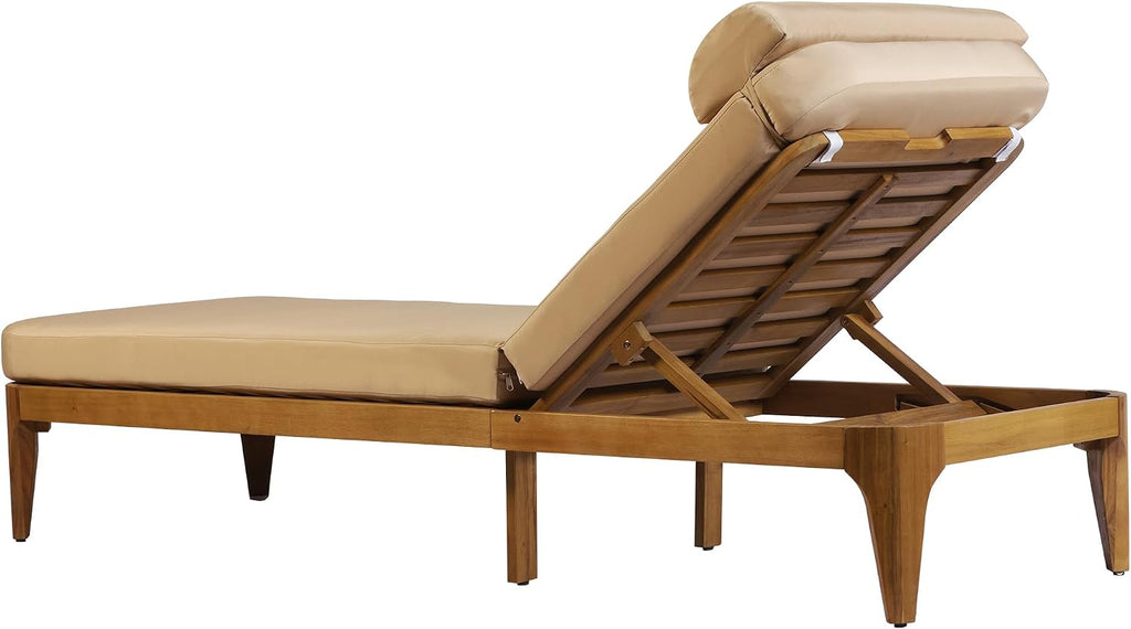 Acacia Wood Chaise Lounge Chair with Adjustable Backrest & Head Pillow, Outdoor Patio Sunbathing Lounger Backyard