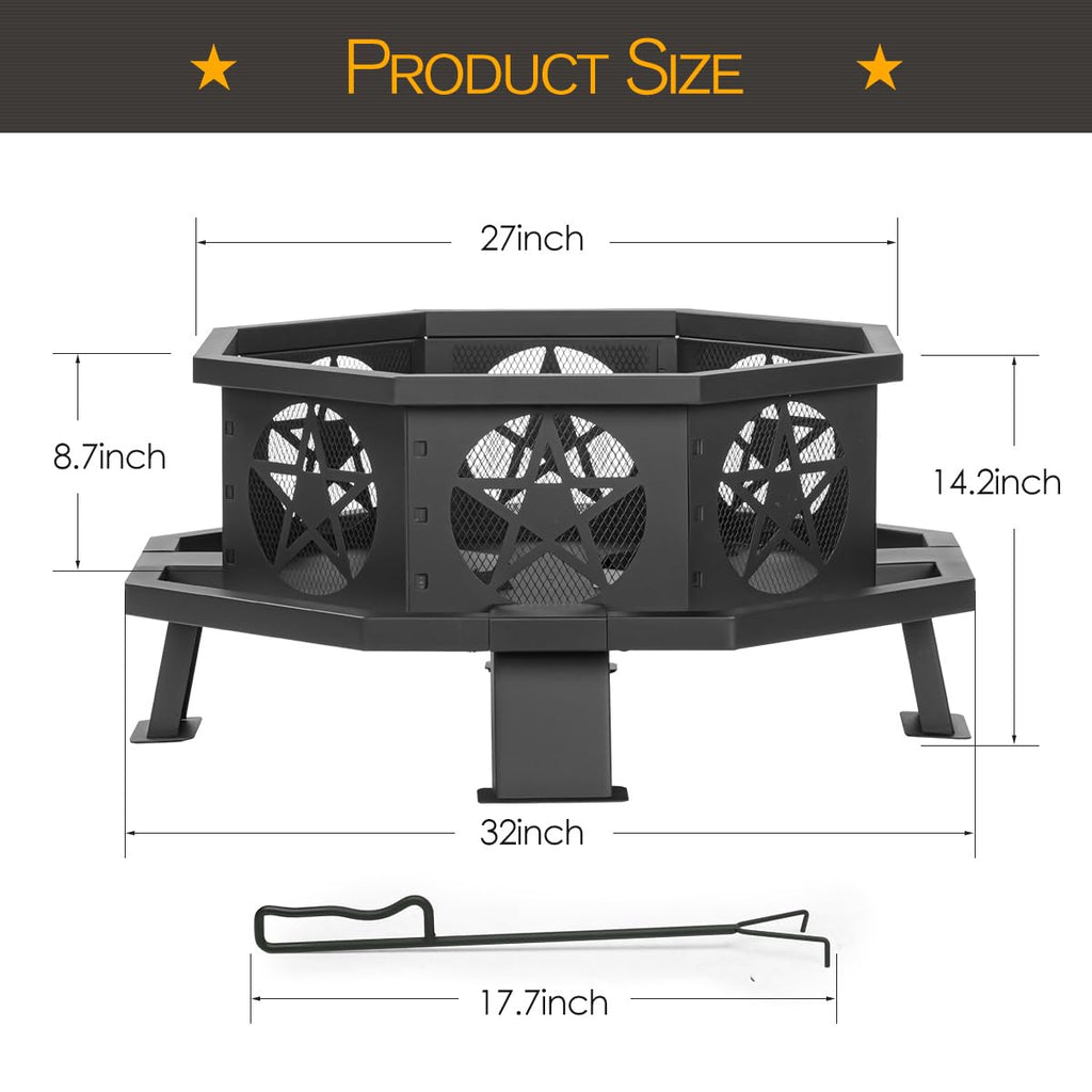 32 Inch Outdoor Octagonal Fire Pit with Fire Poker Black
