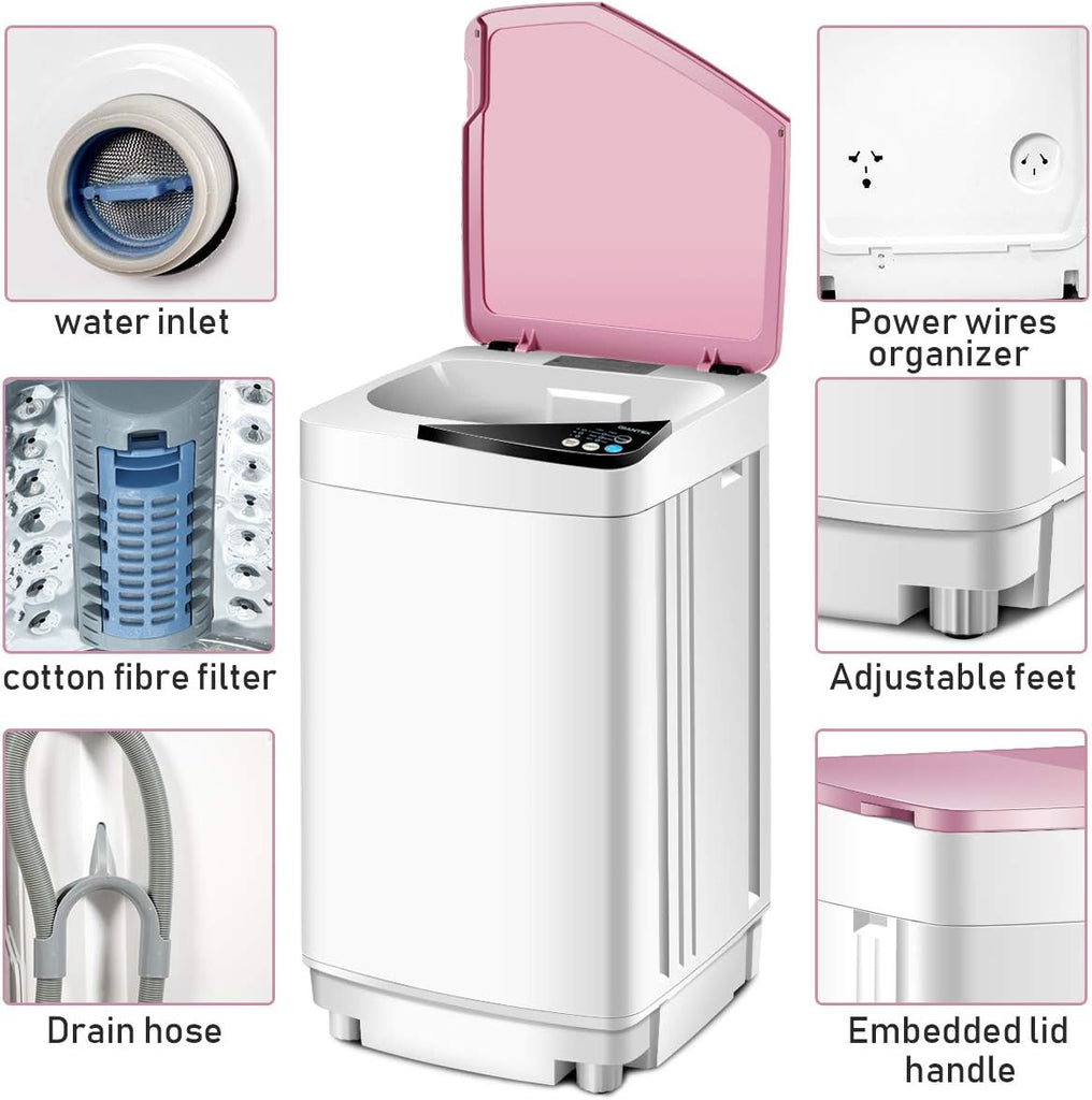 Full-Automatic Washing Machine Portable Washer and Spin Dryer 7.7 lbs Capacity Compact Laundry Washer with Built-in Barrel Light Drain Pump and Long Hose for Apartments Camping (White & Pink)