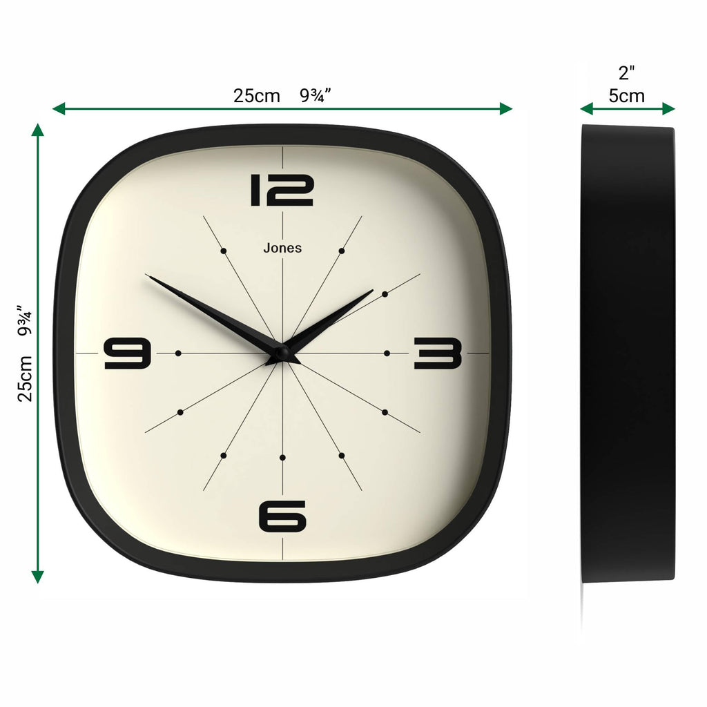 Pulsar wall Clock | Retro Rounded Square Clock | 10" | Black