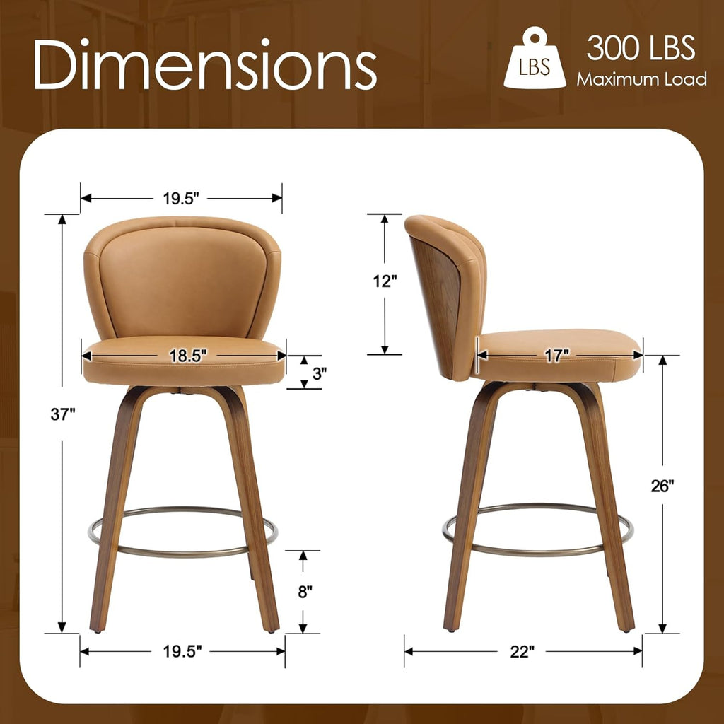 Swivel Counter Height Bar Stools Set of 6, 26 Inch Barstools with Wanlut Wooden Leg and Back, Faux Leather