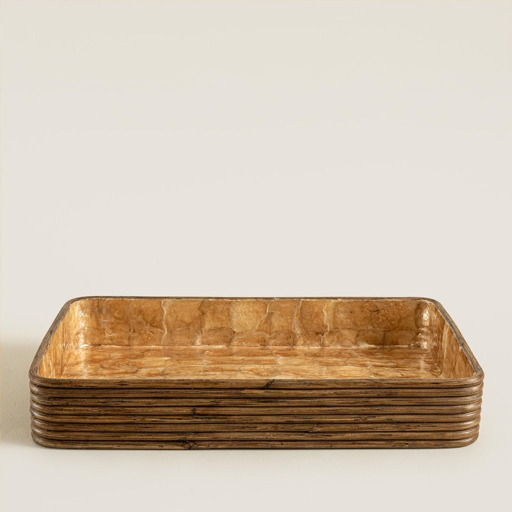Innoq Square Decorative Ottoman Tray - 12 Inch Gold Capiz Shell & Rattan Serving Piece for Coffee Table Tray