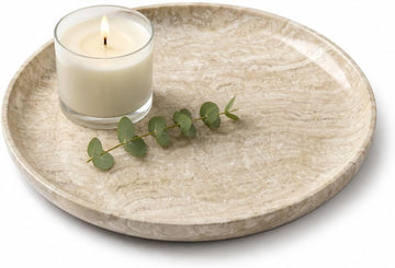 Beige Travertine Round Marble Tray, 10" Deep Dish Vanity Organizer | Honed natural stone bowl, high rim; holds