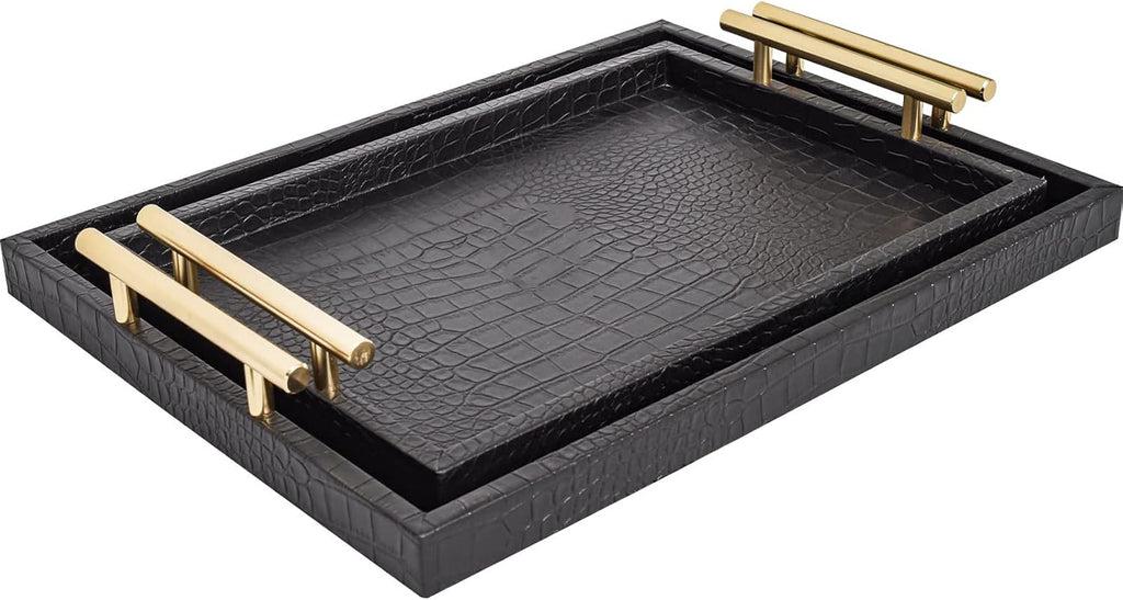 Set of 2 Modern Elegant Large Wood Serving Tray, Rectangle Decorative Tray Ottoman Tay Coffee Table Tray, Black