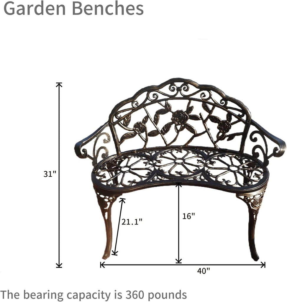 Garden Bench, Metal Aluminum Rose, Suitable for Garden Porch Park Front Porch Balcony Outdoor (Bronzed)