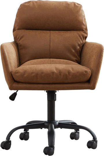 Adjustable Home Office Desk Chair with Comfy Square Mid-Back, Faux Leather 360 Swivel Upholstered Task Armchair with Wheels for Vanity Bedroom/Living Room,Study Brown