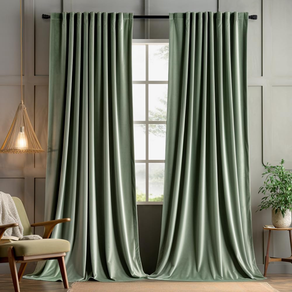Sage Green Velvet Pinch Pleat Blackout Curtains W52 X L108 Inches