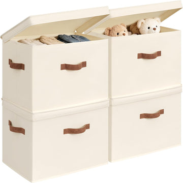 4-Pack Large Fabric Storage Bins with Lids for Shelves, Ivory | 17.1" x 11.2" x 11.6" Decorative Storage Boxes with