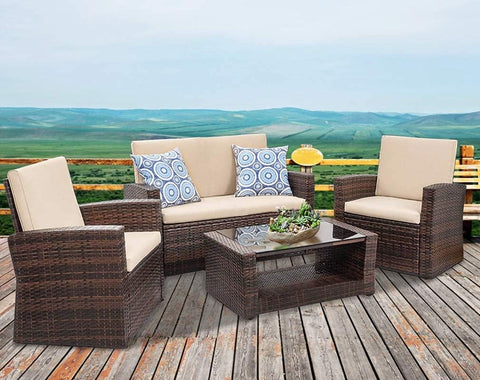 Patio Furniture Sets 4 Piece Rattan Chair Patio Sofas Wicker Sectional Sofa Outdoor Conversation (Brown and Tan) A106-B01F6ILYUA