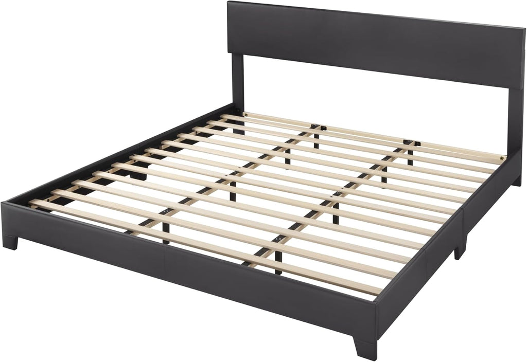 King Bed Frame with Adjustable Headboard, Faux Leather Platform Bed with Wood Slats, Heavy Duty Mattress Foundation