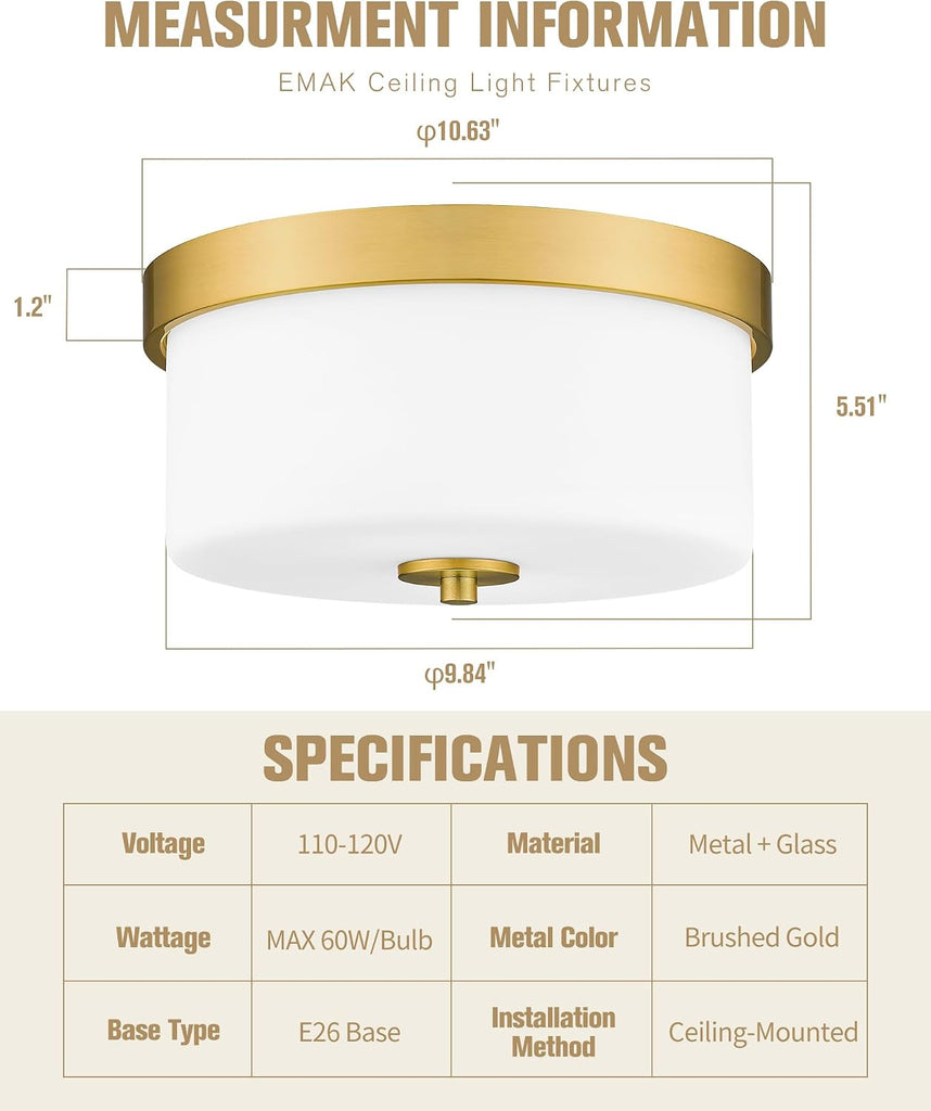 11 Inch Brushed Gold Flush Mount Ceiling Light Fixture, 2-Light Fixtures Ceiling Mount with Milk Glass Shades