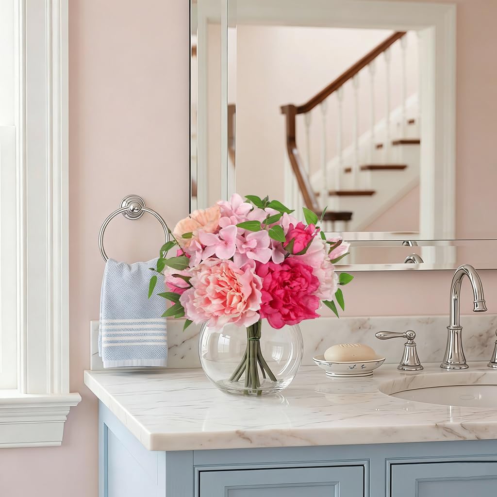 Artificial Flower in Vase, Faux Silk Flowers Arrangement Peony Hydrangea Poppy Eucalyptus Bouquet with Faux Water