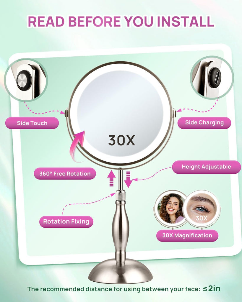 30X Magnifying Mirror with Lights, 8" Height Adjustable Makeup Mirror, Rechargeable 5000mAh, 30x Double