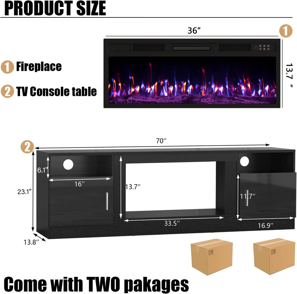 Fireplace with TV Stand 36" inch Electric Fireplace Up to 80" TVs, LED Light Entertainment Center, 70" Modern Wood
