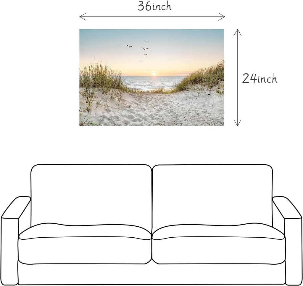 Coastal Wall Art Canvas Picture: Modern Beach Sunset Landscape Print Decor Horizontal Ocean Scene Sea Painting