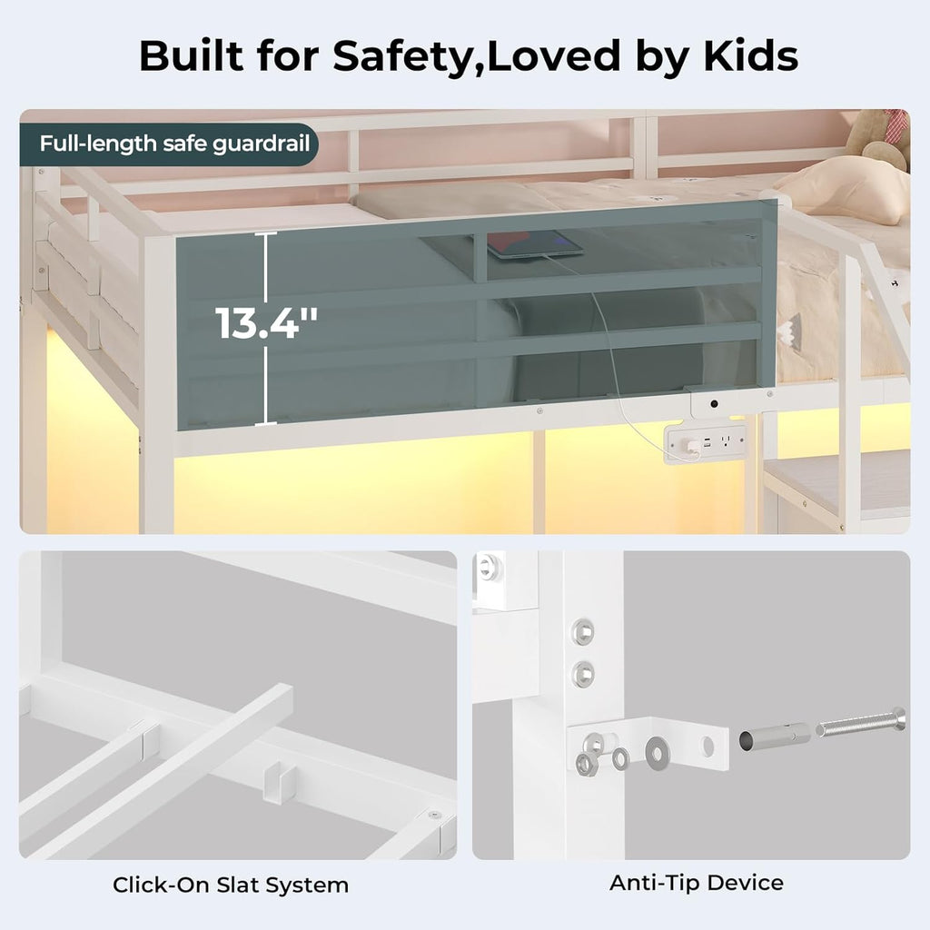 Triple Bunk Bed Twin Over Twin with Storage Staircase, RGB Lights & Power Outlets