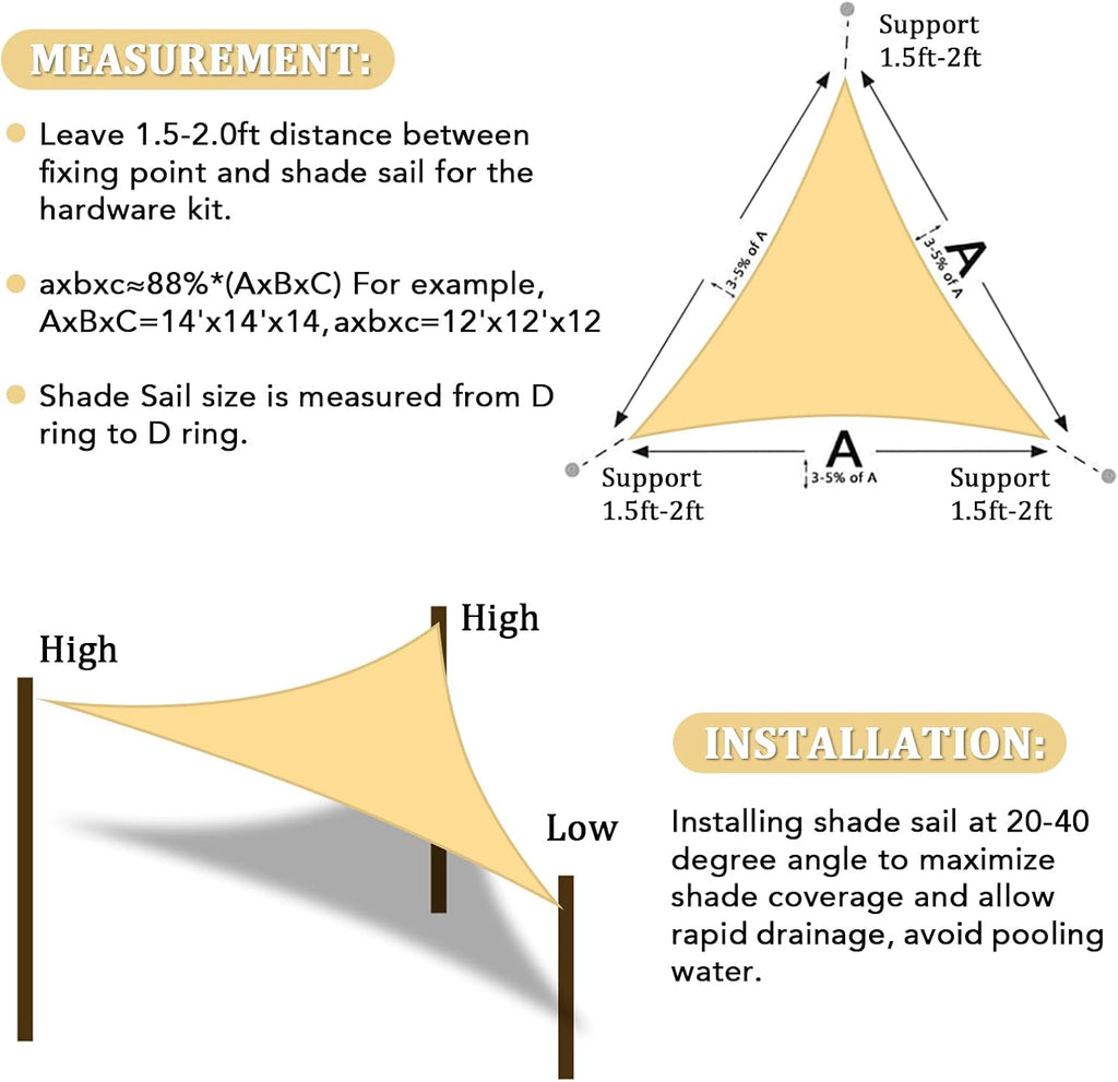 Shade Sail 20'X20'X28.3' Customizable Sunshade Canopy for Outdoor Patio Exterior, Sand Triangle Sun Shade UV Resistant