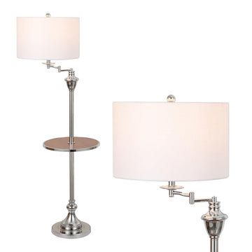 Cora 60" Metal Swing Arm Floor Lamp, Chrome/Brown Wood