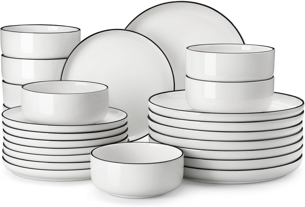 Plates and Bowls Sets, 24 Pieces Modern Porcelain Dinnerware Set for 8 White Kitchen Dinner Dining Ware Set wtih Black