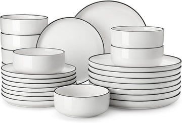 Plates and Bowls Sets, 24 Pieces Modern Porcelain Dinnerware Set for 8 White Kitchen Dinner Dining Ware Set wtih Black