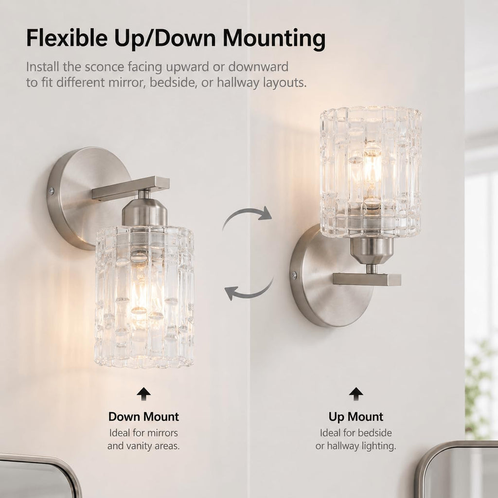 2-Pack Nickel Crystal Bathroom Vanity Lights, 1-Light Wall Sconce Fixture for Over Mirror, Modern Wall Mount
