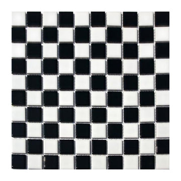 Black and White Checkerboard 1x1 Porcelain Mosaic Tile - Exact 1-1/16 in Chips, Shiny Gloss Finish Floor, Kitchen