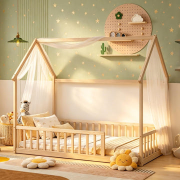 Twin Size Kids Bed Frame with Rails, Twin Montessori beds for Kids, House Bed for Boys Girls, Natural