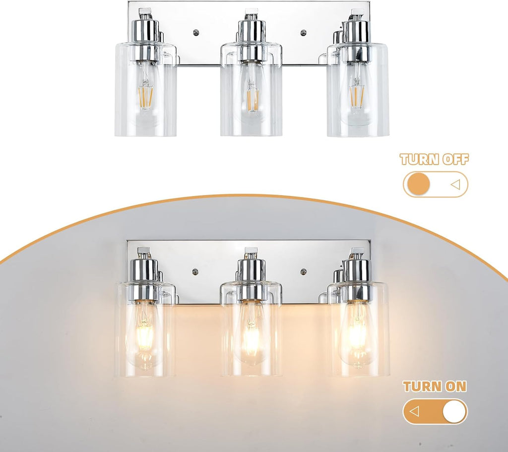 3 Lights Bathroom Light Fixtures Chrome Vanity Light with Clear Glass Shade 18in Modern Bathroom Lighting Fixtures