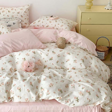 Pink Floral Duvet Cover Reversible Cottagecore Bedding Set
