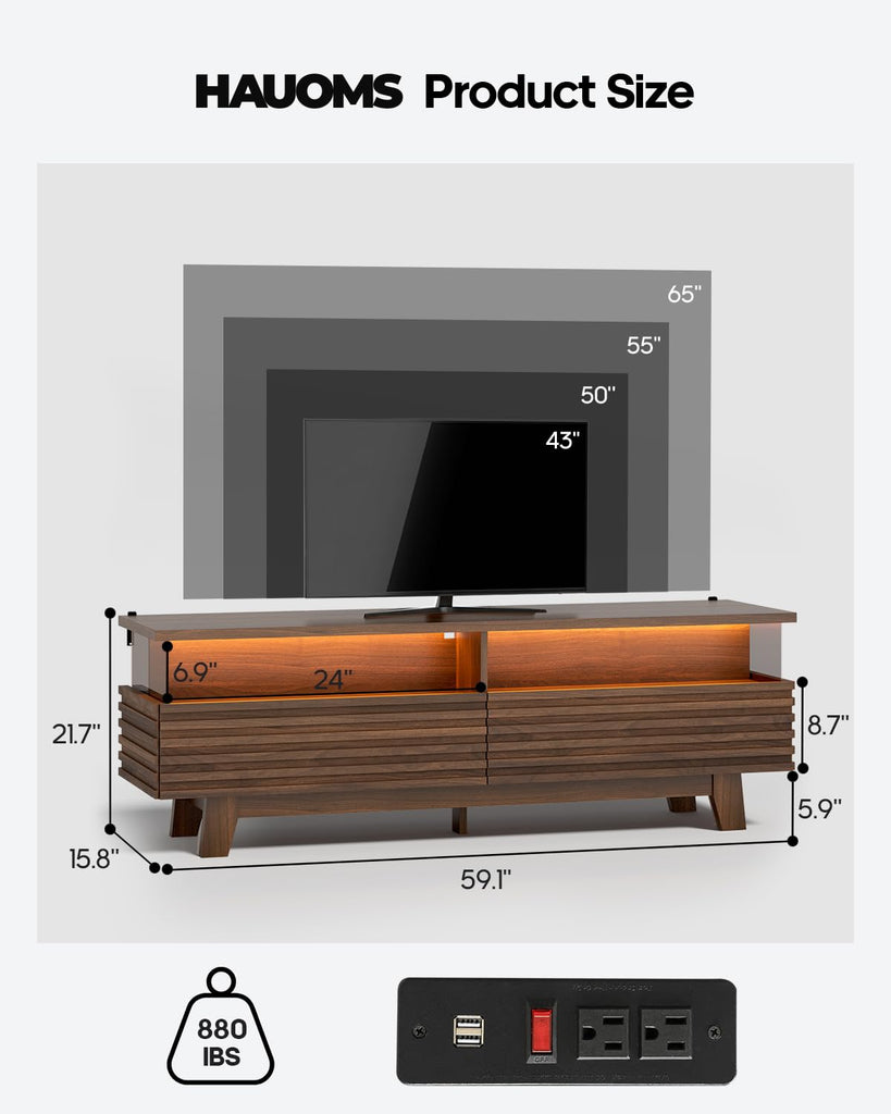 TV Stand with Cable Management, LED, Power Station (Walnut, 59")