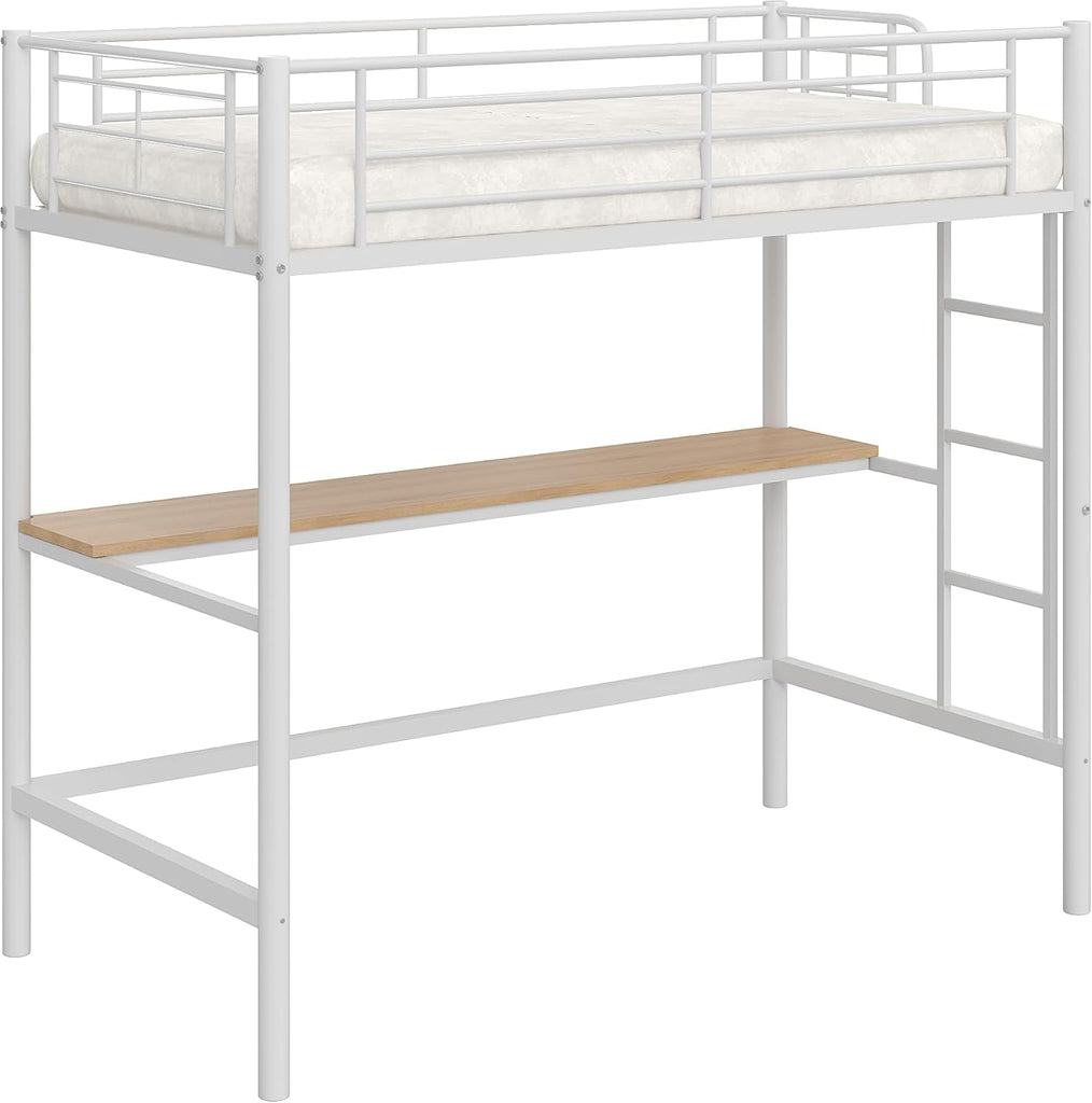 Loft Bed Twin with Desk, Metal Bedframe with Removable Ladder and Safety Guardrail, No Box Spring Needed, Space Saving
